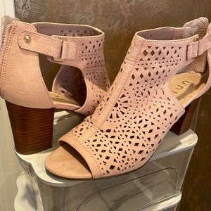 Pink suede peep toe boho booties